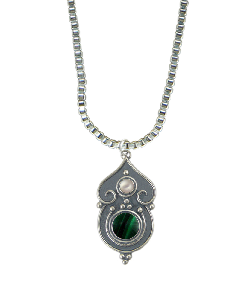 Sterling Silver Necklace Malachite And Cultured Freshwater Pearl